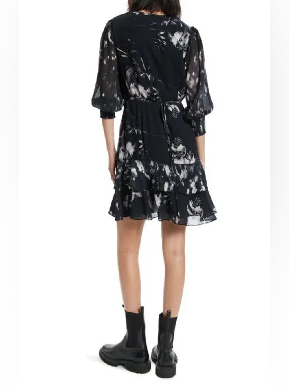 AllSaints Ari Pauline Floral Faux Wrap Chiffon Mini Dress Black Grey 10 - Picture 3 of 16